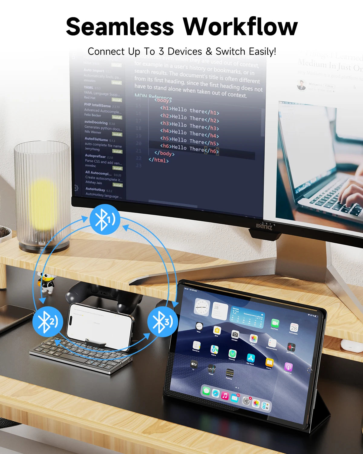 Portable Foldable BT Keyboard with Hidden Stand Wireless Mini Keypad for Phone Tablet iPad Windows Android iOS Rechargeable