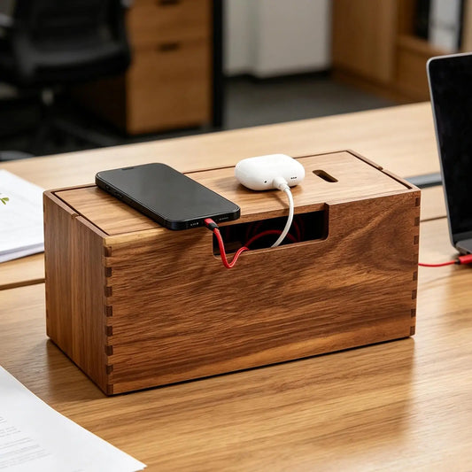 Cord Organizer Box Wooden Cable Storage Hiding Container Cord Storage Box for Home Office Dorm Room Hotel Farmhouse School
