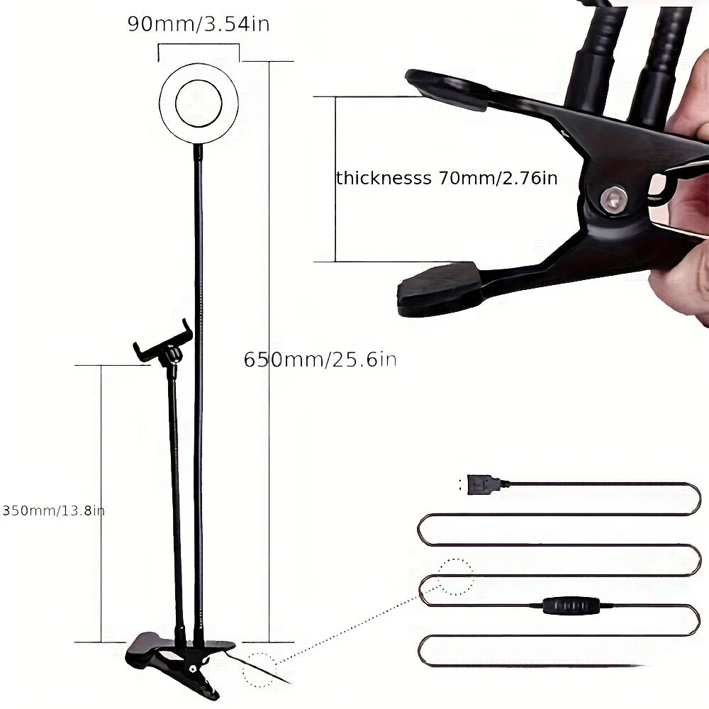 Selfie Ring Light with Phone Holder Clip-On Selfie Light Adjustable Flexible Gooseneck 2-in-1 Desk Ring Lamp for Live Streaming