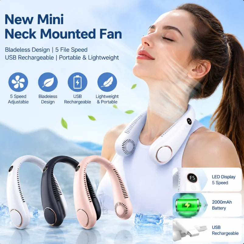 Bladeless Neck Fan,Quiet Rechargeable Neck Fan | Portable Small Wireless Electric Fan for Running, Climbing, Camping, Walking