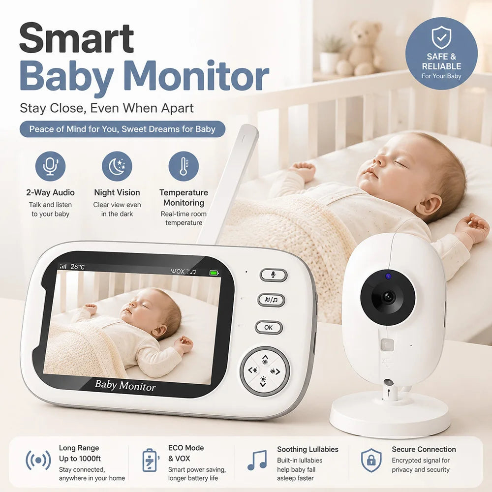 3.5" Baby Monitor with Camera and Audio, 720P Video Baby Monitor, Two Way Talk, Night Vision, Temperature Sensor, Lullabies