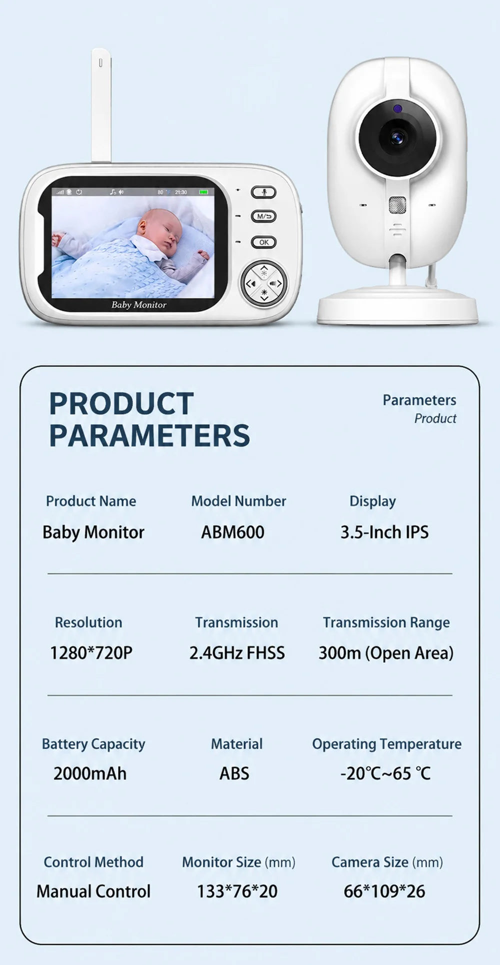 3.5" Baby Monitor with Camera and Audio, 720P Video Baby Monitor, Two Way Talk, Night Vision, Temperature Sensor, Lullabies