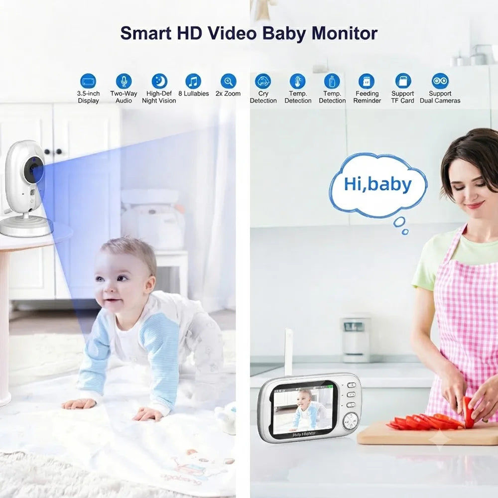 3.5" Baby Monitor with Camera and Audio, 720P Video Baby Monitor, Two Way Talk, Night Vision, Temperature Sensor, Lullabies