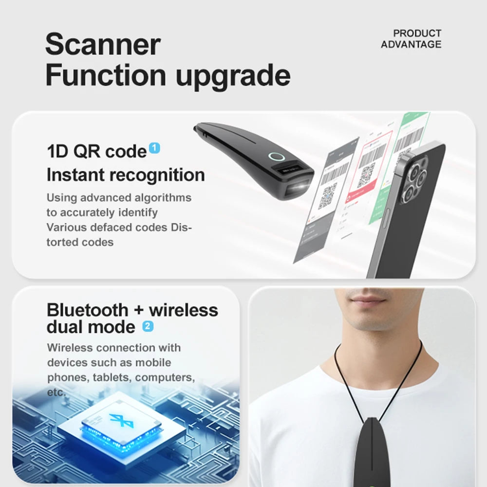 2D Barcode Scanner Mini 2.4G Wireless Bluetooth Handheld Portable 1D 2D QR Code Data Matrix PDF417 Reader With Storage Function