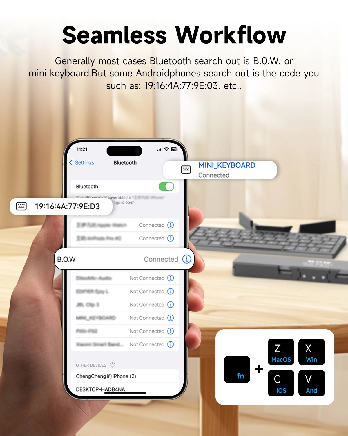 Portable Foldable BT Keyboard with Hidden Stand Wireless Mini Keypad for Phone Tablet iPad Windows Android iOS Rechargeable