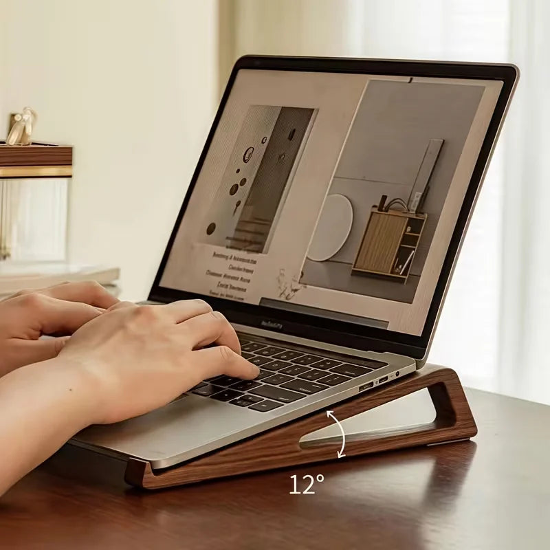 Portable Foldable Wooden Laptop Stand - Ergonomic 12° Adjustable Angle,  Compact Bamboo Desktop Riser for Tablets and Notebooks
