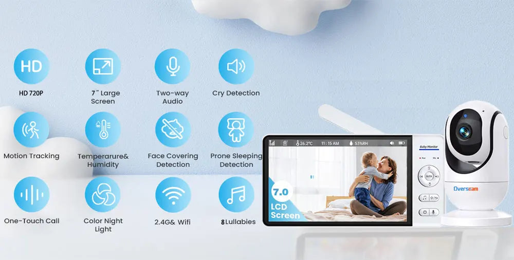7.0 Inch Screen Baby Monitor 5000mAh Battery Indoor Smart Home Security PTZ Zoom Camera Video Surveillance Temperature Lullabies